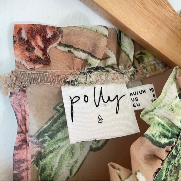 Princess Polly Boho Eden Bloom Tiered Mini Dress Floral Sheer Ruffle Tan Green 6 - Picture 6 of 11